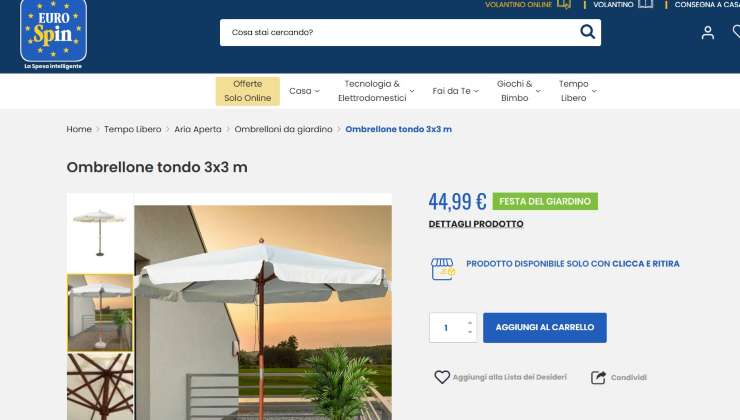 Eurospin ombrellone in offerta - (screenshot Eurospin) - teleone.it